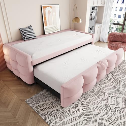 Trdlpyn Ausziehbares Schlafsofa 90/180 x 190 cm, gepolstertes Bett Einzelbett Doppelbett mit Lattenrost, Teddy-Samt, Rosa