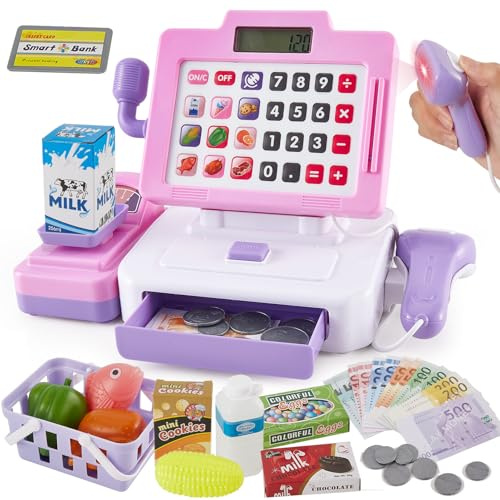 LINFUN KIDS Máquina Registradora Juguete Infantil con Escáner con Luz y Sonido Shop Juego de rol Regalos para Niños y Niñas Rosa