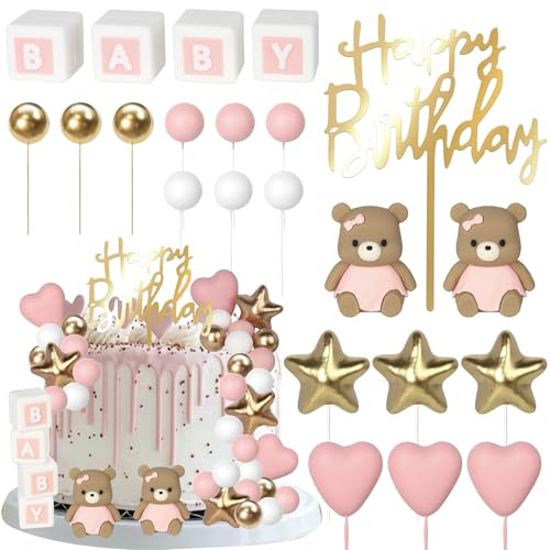 32 decorazioni per torte per bambini, con orsetto, in gommapiuma, a forma di cuore, piccola stella, decorazione per sesso reveal, tema compleanno, feste, torte, colore rosa