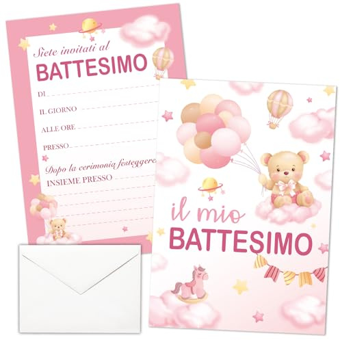 HOWAF 20pz Inviti Battesimo Bimba con Buste, Biglietto Biglietti Battesimo Bimba, Invito Partecipazione Kit Set per Festa Originale, Rosa