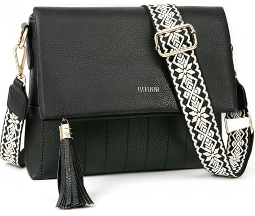 BITUOR Sac à bandoulière pour femme avec fermeture à rabat et fermeture à glissière avec large sangle réglable avec plusieurs poches Utilitaire noir