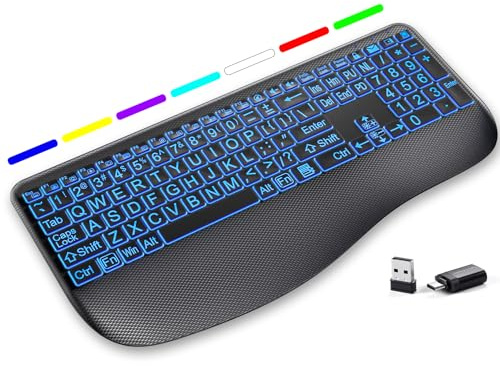 Large Print Wireless Backlit Keyboard – Rechargeable Quiet Low-Profile Keys, 7-Color Light up with Memory Setting, Ergonomic Full Size with Extra-Large Wrist Rest for Computer/Laptop Windows, Black