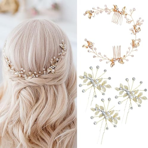 XFSRG 4 Pièces Accessoires Cheveux Mariage Perle Bijoux Accessoires de Cheveux en Cristal Peigne Mariage Ornés de Feuilles Mariée Broche Pince Chignon pour Femme Fille Soirée (Or)