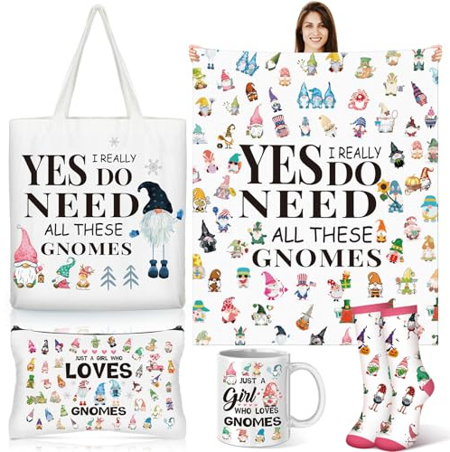 Potchen 5 Pcs Mothers Day Gnome Gift for Mom with Throw Blanket Canvas Tote Bag Cosmetic Bag Coffee Mug Socks for Women Mom Mama Mommy Women Birthday Gifts from Daughter Son