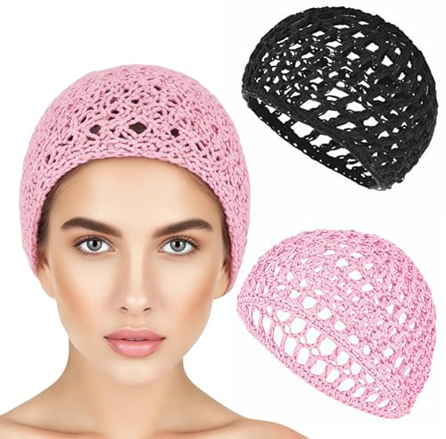 2Pcs Mesh Crochet Hair Net Sleep Hair Wrap for Women, Hair Wrap,Lift Strap Weaving Sew For Women Ballet,Curly Hair & Wig Protection,Soft Reusable Bonnets,Black and Pink