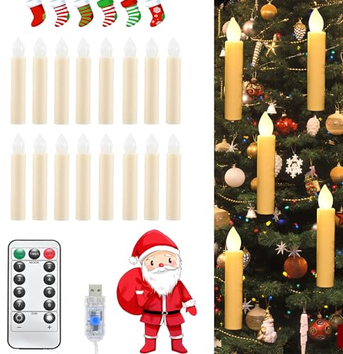 YRHome Juego de 50 velas LED para árbol de Navidad, sin llama, con luz blanca cálida, función de temporizador y mando a distancia, conector USB, cabezal transparente, cadena de luces para árbol de