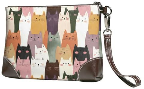 Petit sac à main pour femme – Portefeuille tendance en cuir imprimé chat mignon coloré avec dragonne