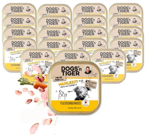 Dogs'n Tiger Mahlzeit Nassfutter Hund Schale, Huhn & Karotte, 20x 150g | Hundefutter nass, Monoprotein, hoher Fleischanteil, getreidefrei, ohne Zuckerzusatz, gut verträglich