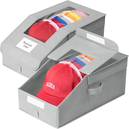 Stowsia Hat Organizer for Baseball Caps, 2 Pack Stackable Hat Storage Boxes with Clear Window, Holds up to 28 Caps, Foldable Hat Organizer for Closet & Shelf, Grey