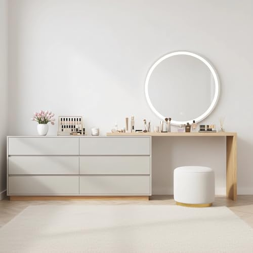 TFFCIC Extendable L-Shaped Desk with 6 Drawers - Adjustable Bedroom Chest of Drawers with Corner Dressing Table, Modern Computer Desk for Home Office, Writing, Off-White and Natural Wood