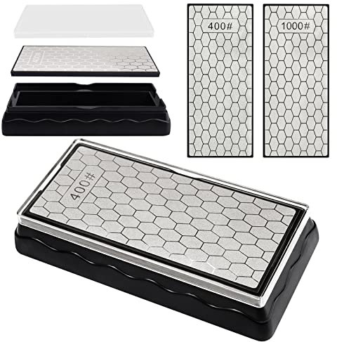 Kalolary Piedra Afilar Diamante Doble cara, Afilador Cuchillos Placa Superficie Panal con Base Antideslizante (Grano 400/1000, 150 x 63 mm)