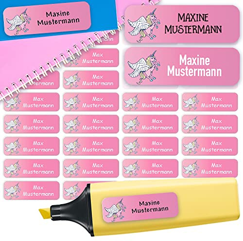 Namensaufkleber Einhorn personalisiert wasserfest 60 Stück Schule Kita | Namenssticker mit Wunschname für Brotdose Trinkflasche Stifte Schule Federmappe Kindergarten Schulstart spülmaschinenfest