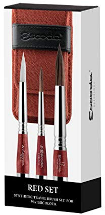 ESCODA Set 3 Aquarellpinsel - Reiseset Red Nr. 6, Nr. 8, Nr. 12 Rund Spitz Kunsthaar Serie Último Perla Versàtil Stoffetui Rot Profesionell Handgefertigt in Barcelona.