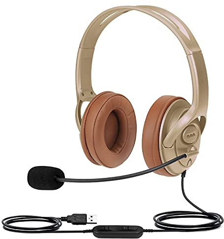 USB-headset för Skype Zoomteam möten videokonferenser taligenkänning diagram fjärrarbete hem kontor telesales business softphone samtalschatt med mikrofon brusreducerande guld över örat