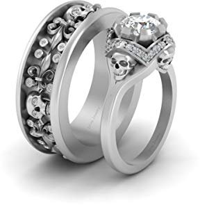 Bague de fiançailles en argent sterling 925 massif avec tête de mort et fleur de lys