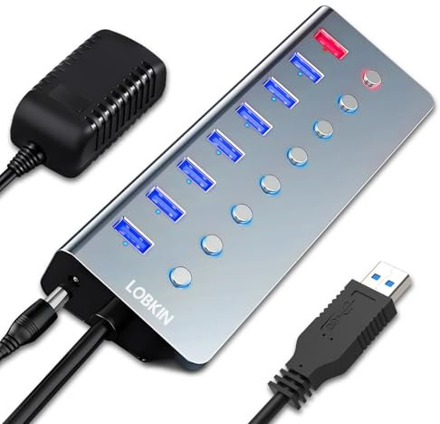 Powered USB 3.0 Hub, LOBKIN 7 Port USB Hub Aktiv 3.0 mit Netzteil & 1 Smart Charging mit Schalter, LED-Anzeiger und 5V/3A Netzteil Adapter für PC, Laptop, Tablet, Windows, MAC OS, Linux