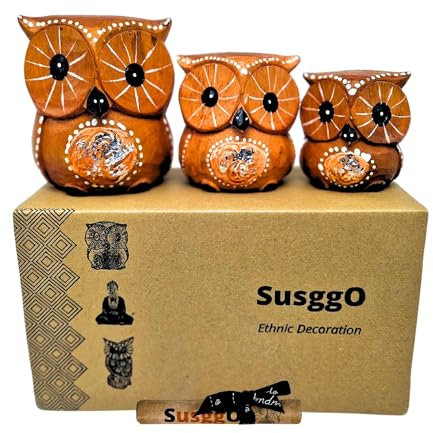 SusggO Eulen-Set, 3 Stück, aus Holz, Dekoration, handgeschnitzt, Glückseule, Kunsthandwerk, für Möbel, Braun, silberfarbene Details