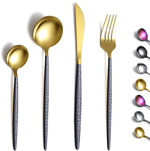 Kyraton Cutlery Set 24 Pieces with Moon Surface Black Handle and Shiny Gold Mouth Titanium Coating Stainless Steel Modern Cutlery Set Utensils Set,Dishwasher Safe, Service for 6