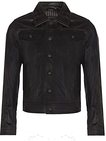 Infinity Leather Chaqueta para Hombre Color Negro de Mezclilla 100% Cuero Genuino Suave Estilo Casual Camionero S