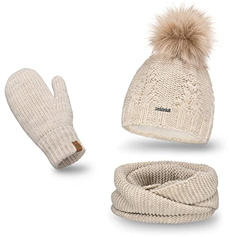 PaMaMi Winterset Mütze, Schal & Handschuh-sets für Damen I Kopfumfang 55-58 cm I Wintermütze mit Fleecefutter Atmungsaktiv I Winter-Strickset für Frauen I Fäustlinge Mütze Schal set Damen