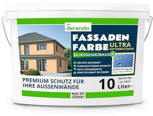 derendo Fassadenfarbe Terracotta Silikonharzfarbe Hellorange aussen 10l | Für Putz Beton, Abperleffekt, wasserabweisend, UV-beständig, hohe Deckkraft, rissfüllend, diffusionsoffen, Made in Germany,