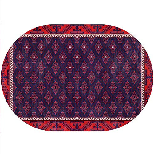 Rururug Teppich Oval Moderner Läufer Orientteppich Kurzflor Flur Schlafzimmer Küche Wohnzimmer rutschfest Waschbar, rot blau kariert Oval 80 x 150 cm
