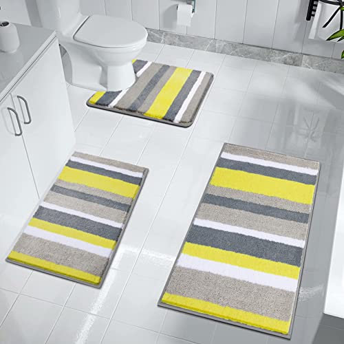 Pauwer Microfiber 3 Piece Bath Mat Sets Non Slip Bath Rugs and Pedestal Mats Washable Absorbent Bathroom Floor Carpet Rug, Yellow