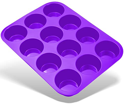 Belmalia Grande Teglia Antiaderente in Silicone con 12 Stampi Muffin, Stampo da Forno per Muffin o Cupcakes, Torte, Brownies, Budino, Viola
