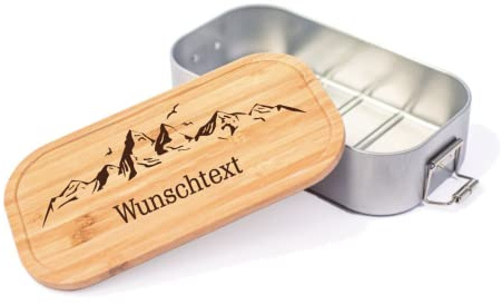 Farbwuselei Lunchbox Dose XL Berge Alpen Wunschtext Name Brotdose Personalisierte Erinnerungskiste Holzbox Bambus (kleine Dose)