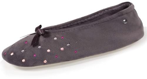 Isotoner Chaussons pantoufles Ballerines femme brodée pois, 39/40, gris foncé
