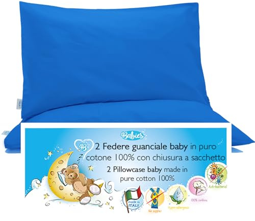 4BABIES-Kissenbezüg 40x60 Kinder - 2er Set Kopfkissenbezug mit Beutelverschluss 100% Reiner Baumwolle -Made in Italy- ÖEKO-TEX Zertifiziert - BLAU