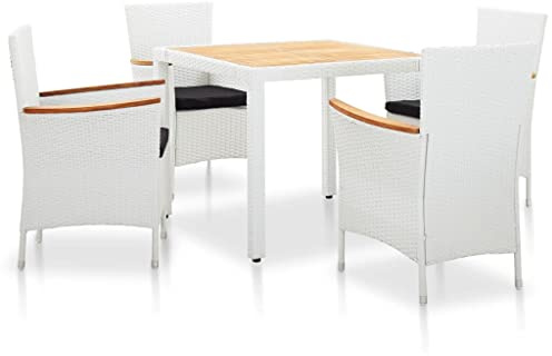 Gecheer 5-TLG. Garten Essgruppe 4 Personen, Terrassenmöbel Set, Sitzgruppe Esstisch mit Holz-Tischplatte & 4 Stühle mit Kissen, Gartenmöbel Set Poly Rattan Weiß