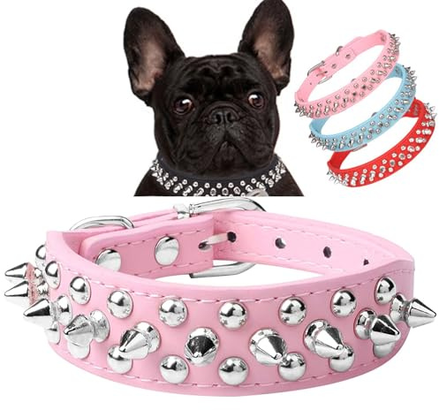 Serijoars Spiked Dog Collar Soft Pu Leather Mushrooms Rivet Spike Studded Dog Collar Adjustable Puppy Collars (S, Pink)