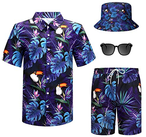 Harloon 4-teiliges Herren-Hawaii-Hemd und Shorts-Set, Strand-Outfit, Palmendruck, Halloween, tropischer Anzug mit Fischerhut, Sonnenbrille, Palmenblatt, Large