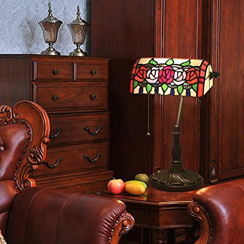 Tiffany Stil Rose Tischlampe, Banker Lampe, Beige Gelb Blumen Buntglas Nachttisch Vintage Antike Nachttisch Lampe, 15 Hohe 11 breite handgemachte, A