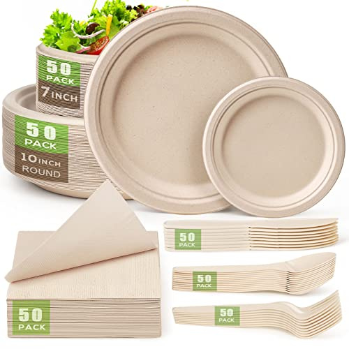 Kompostierbares Pappteller-Set, 300-teilig, Einwegteller 25,4 cm und 17,8 cm, robuste Pappteller aus Zuckerrohrfasern, biologisch abbaubare Utensilien und Servietten für Party 50 Gäste