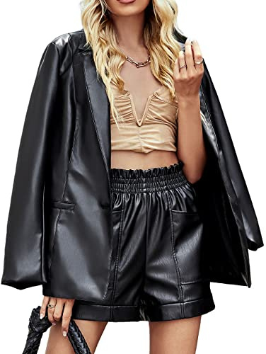 Giolshon Femme Vegan Leather Blazer manteau bouton avant Oversize Jacket 21002 Noir L