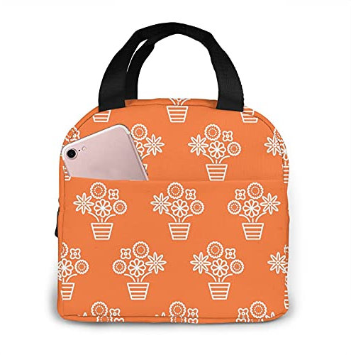 XVBCDFG Fiambrera cálida Bolsa de asas reutilizable Bolsa de almuerzo aislada Coral Naranja y línea blanca Macetas Bolsa térmica sin costuras Bento para muje