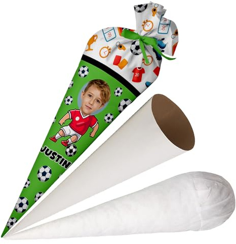 Schultüte Fußballspieler mit Namen und Foto für Jungen Personalisierte Foto Tüte aus Stoff 70 cm Zuckertüte mit Papprohling und Füllung große Tüte als Kissen