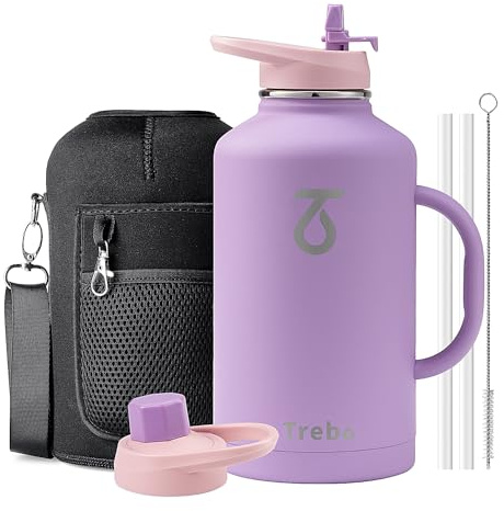 Trebo Botella de agua de medio galón aislada con asa, jarra grande de metal de acero inoxidable de doble pared de 64 onzas, termo de viaje con tapa de boquilla de pajita, taza con bolsa de transporte,