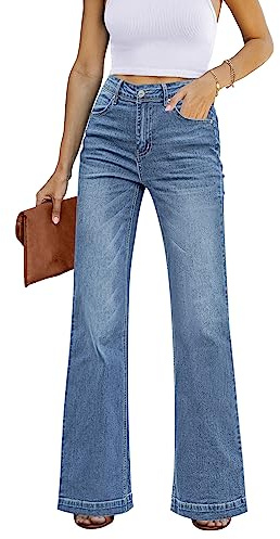 Roskiky Pantalon jeans évasé pour femmes, coupe large, style baggy, taille haute, extensible, XXL
