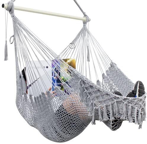 Hammock Chair, Mesh Swing Chair,Cotton Rope Handwoven Chair with Collapsible Metal Spreader Bar Max 330 LBS for Indoor&Outdoor, Patio, Garden, Yard (Gray)