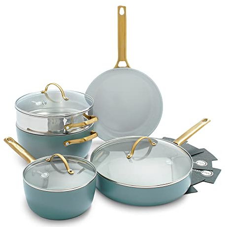 GreenPan Padova Harteloxierte Gesunde Keramische Antihaft-Kochgeschirre,10-teilig,Mit Bratpfannen,Sautierpfanne und Bratentopf,Goldgriff,PFAS-frei,Induktion,Backofenfest,Spülmaschinenfest,Rauchblau