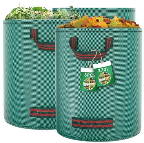 Pfloge® 3X 272L Sacchi Giardinaggio, Sacchi per Rifiuti da Giardino con 4 Maniglie, Autoportante, Impermeabile, Sacco Raccogli Foglie Durevole Resistente alla Corrosione