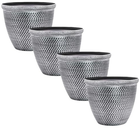 Fyne-Finds Set of 4 Large Plastic Round Silver Cromarty Plant Pot with Saucers Flower Pot Planter Garden Decoration Antique 30cm, 12inch Outside Planters 10L Outdoor With Drainage Holes