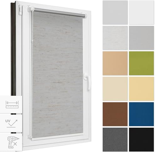 Estika Verdunklungsrollo ohne Bohren, Breite alle 1 cm - 60 cm x 120 cm - Graues Flachs - Thermorollo, Rollos für Fenster ohne Bohren, Sonnenschutz Fenster innen