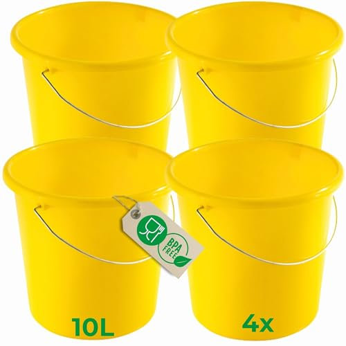 Novaliv 4 Stück Eimer 10L Gelb mit Maßeinteilung - Putzeimer 10 Liter ? 28,5 cm Praktischer Allrounder mit Skala für Haushalt & Garten ideal als Haushaltseimer, Wassereimer, Wischeimer, Bucket