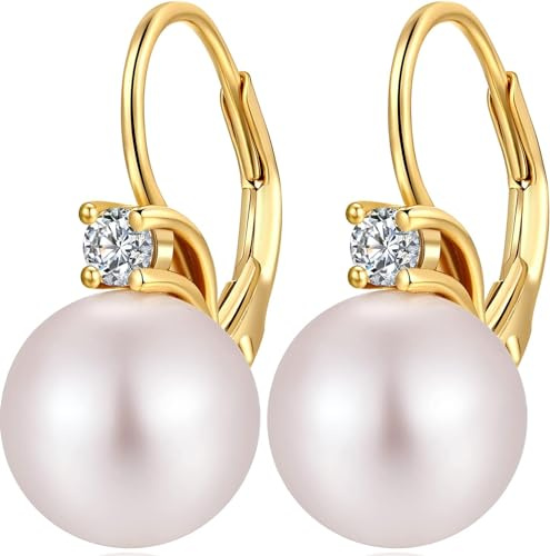 Miaofu Perlen Ohrringe Hängend 18K Weißgold plattiert S925 Sterling Silber mit Weißen Perlen und AAAAA Zirkonia Kristallen für Damen