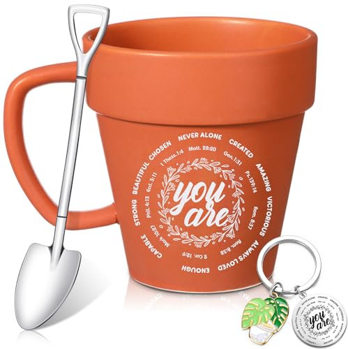 FoldTier 3 Pcs Gardening Gifts Gardener Coffee Mug with Shovel Spoon and Keychain Inspirational Plant Mug Plant Pot Cup Novelty Ceramic Cup Shovel Spoon Keychain Gift for Gardening Lover