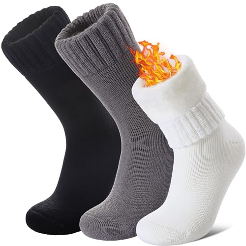 LANLEO Women Men Thermal Socks Warm Winter Extra Thick Insulated Heated Ski Crew Boot Socks for Cold Weather 3 Pairs Black White Grey,Large